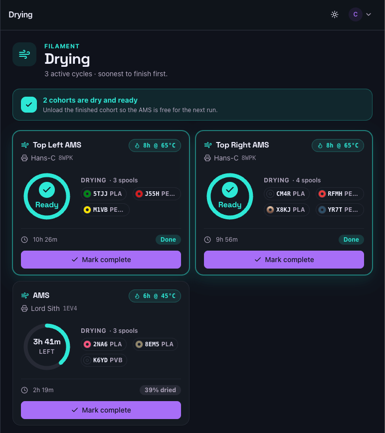 Drying overview — active drying cycles across the farm with per-cohort progress