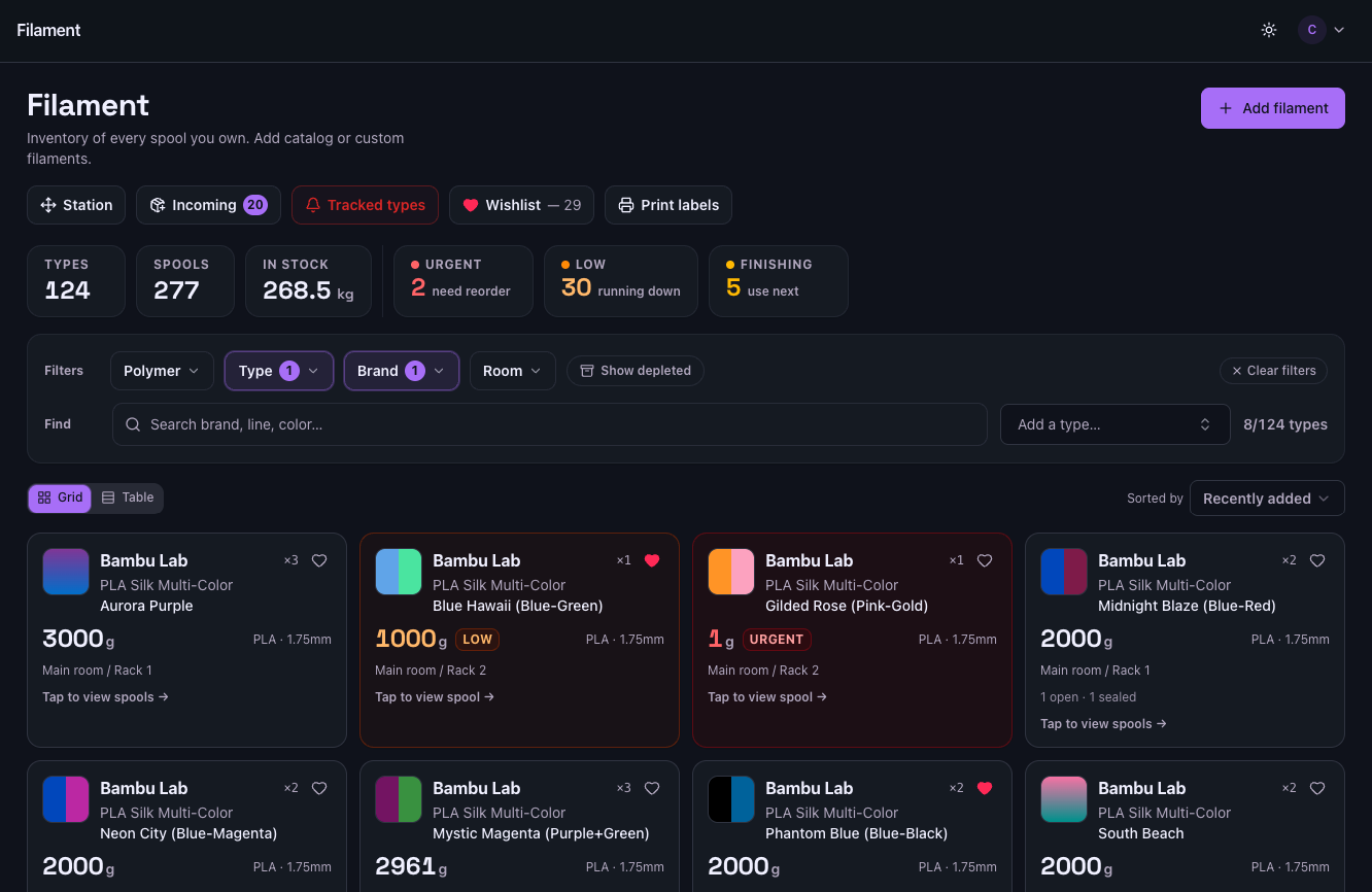 Filament inventory grid — 124 types and 277 spools with per-type stock, urgency and location
