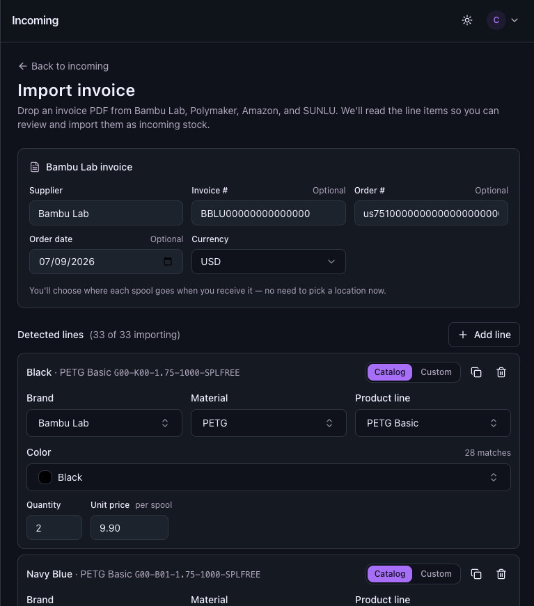 Invoice import review — parsed supplier PDF lines matched to catalog filaments before import